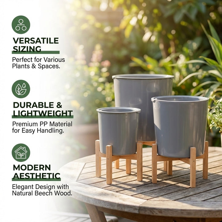 Set of 3 Grey Plastic Planters with Wooden Stands
