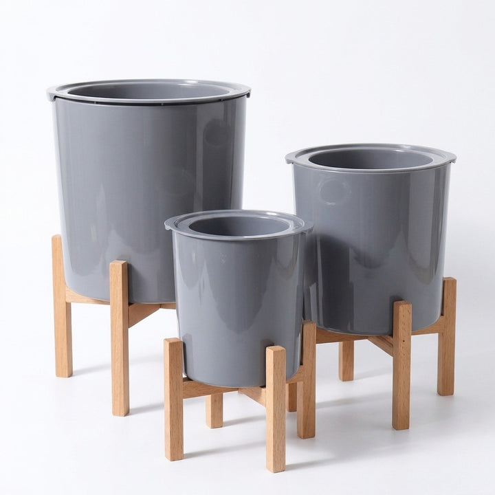 Set of 3 Grey Plastic Planters with Wooden Stands