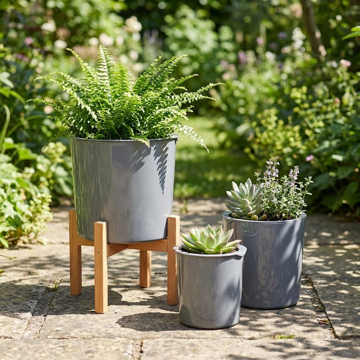 Set of 3 Grey Plastic Planters with Wooden Stands