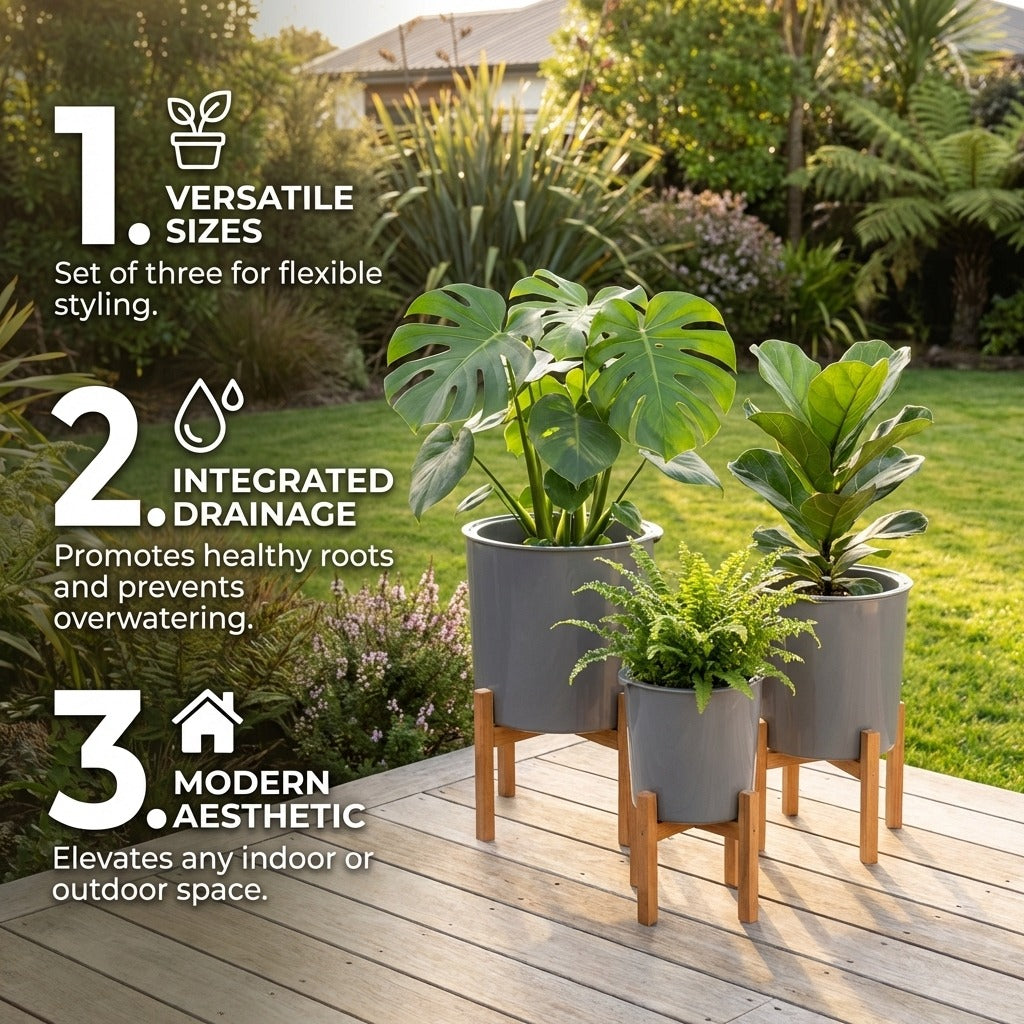Set of 3 Grey Plastic Planters with Wooden Stands