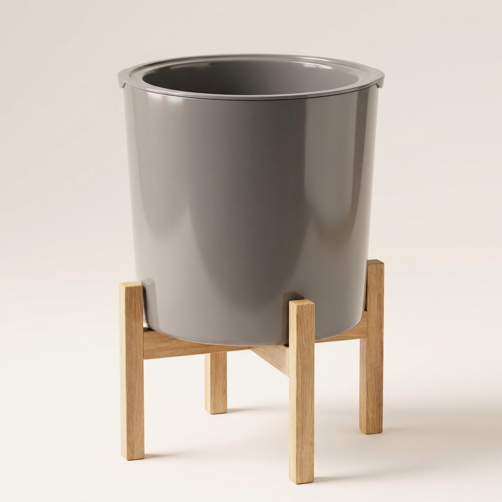 Set of 3 Grey Plastic Planters with Wooden Stands