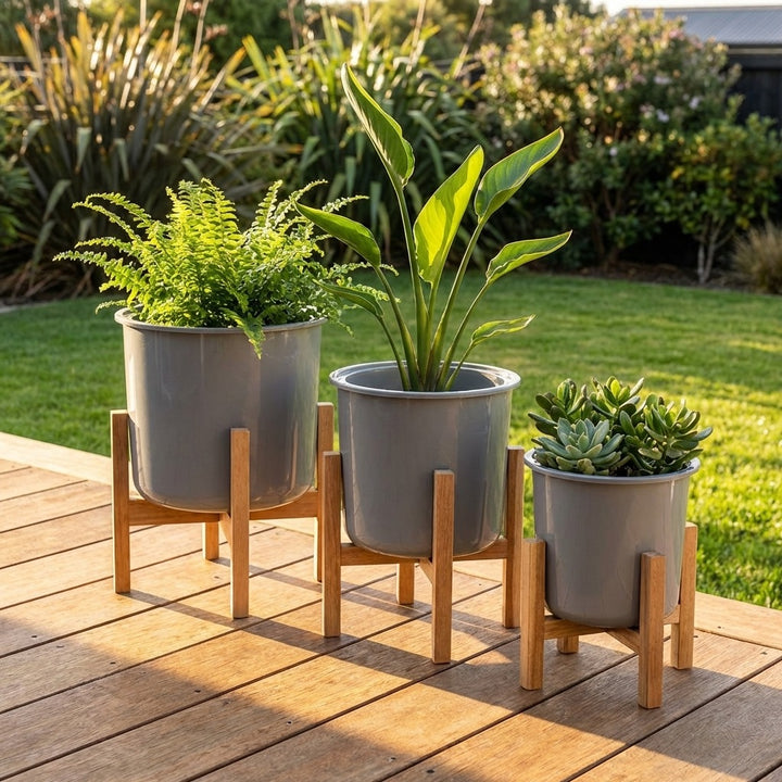 Set of 3 Grey Plastic Planters with Wooden Stands