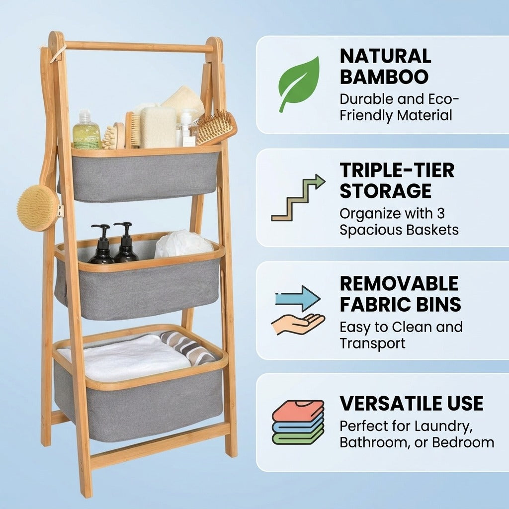 Natural Bamboo 3-Tier Laundry Basket Rack