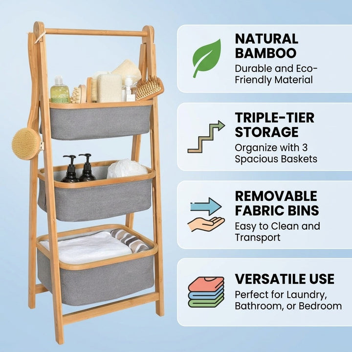 Natural Bamboo 3-Tier Laundry Basket Rack