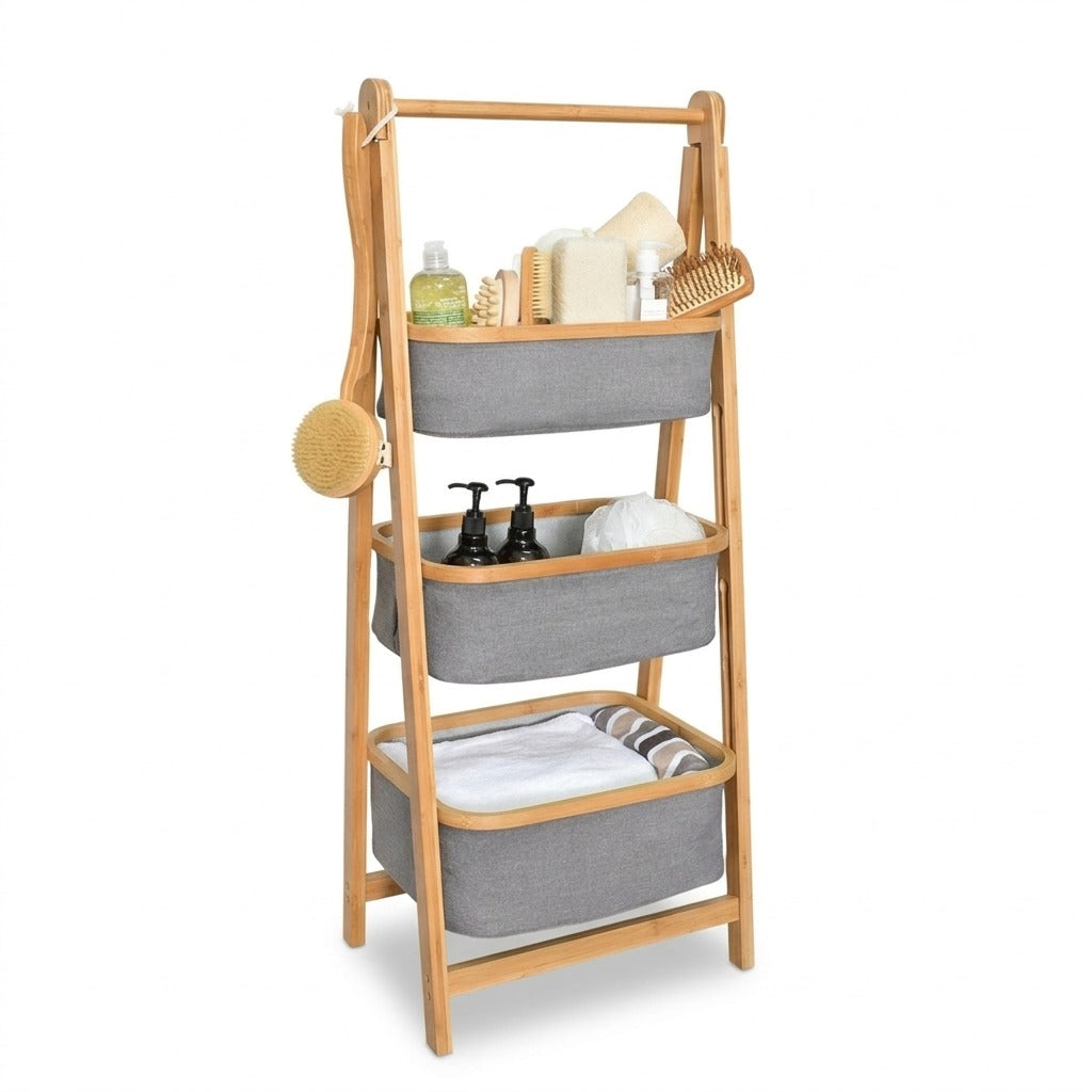 Natural Bamboo 3-Tier Laundry Basket Rack