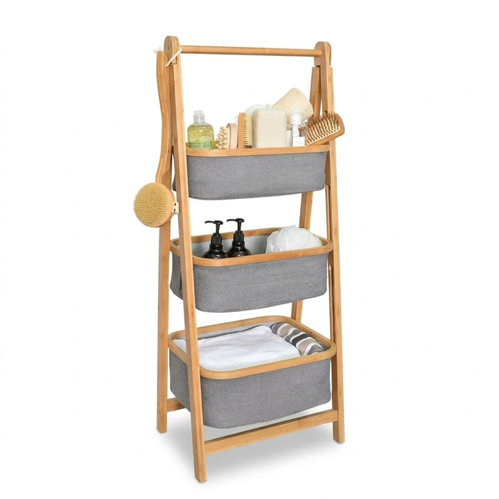 Natural Bamboo 3-Tier Laundry Basket Rack