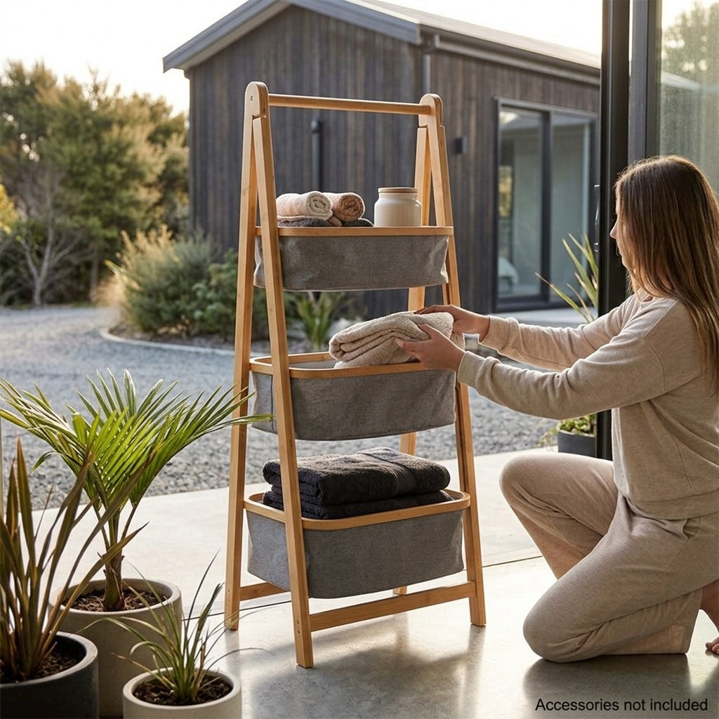 Natural Bamboo 3-Tier Laundry Basket Rack