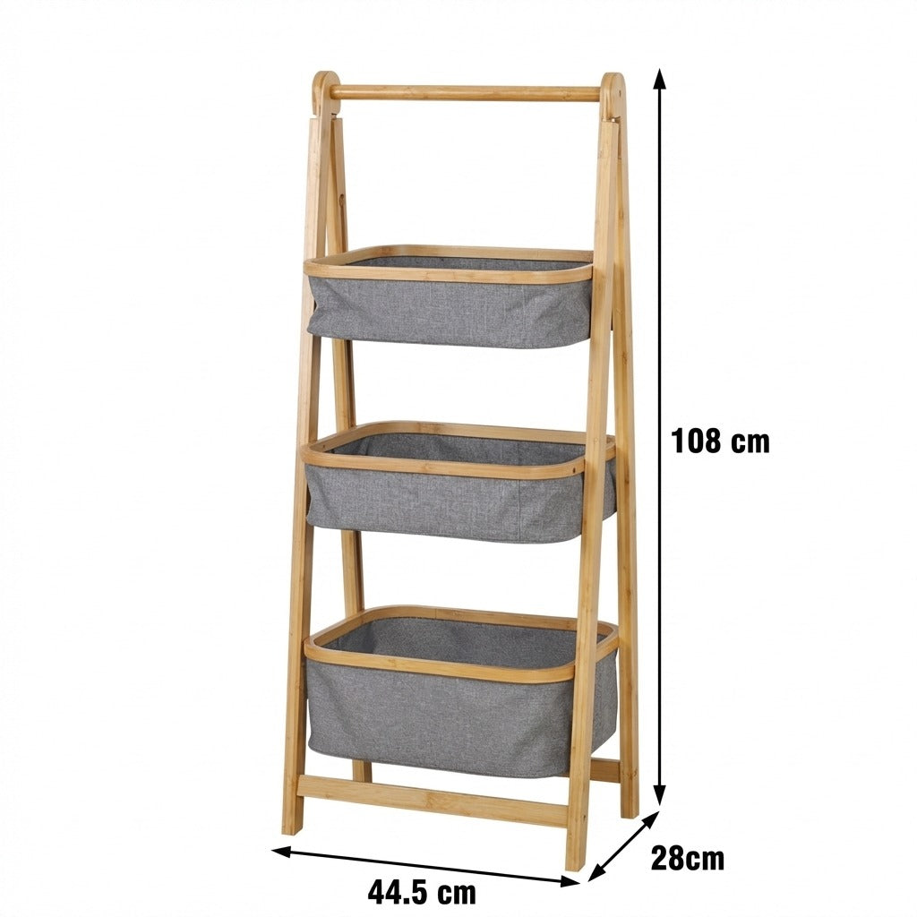 Natural Bamboo 3-Tier Laundry Basket Rack