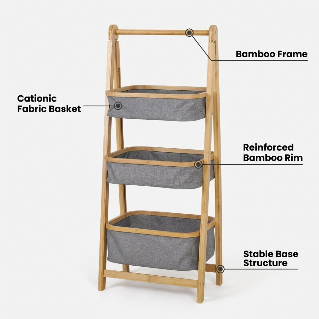 Natural Bamboo 3-Tier Laundry Basket Rack