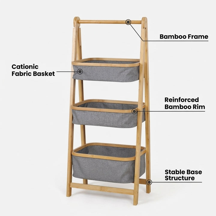 Natural Bamboo 3-Tier Laundry Basket Rack