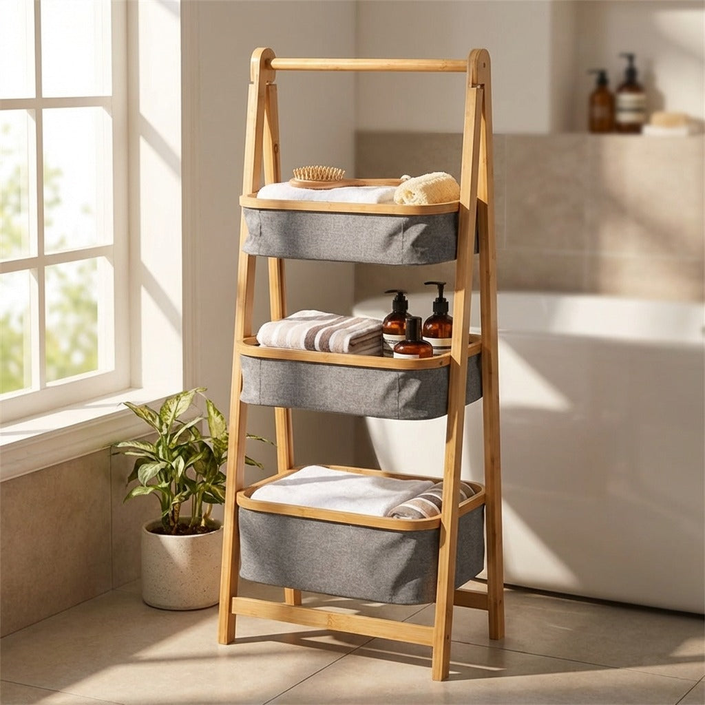 Natural Bamboo 3-Tier Laundry Basket Rack