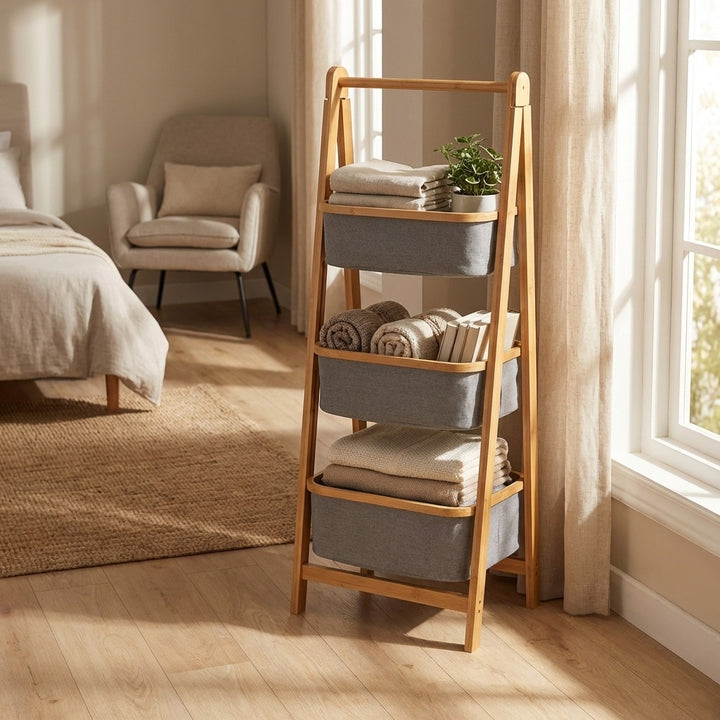 Natural Bamboo 3-Tier Laundry Basket Rack