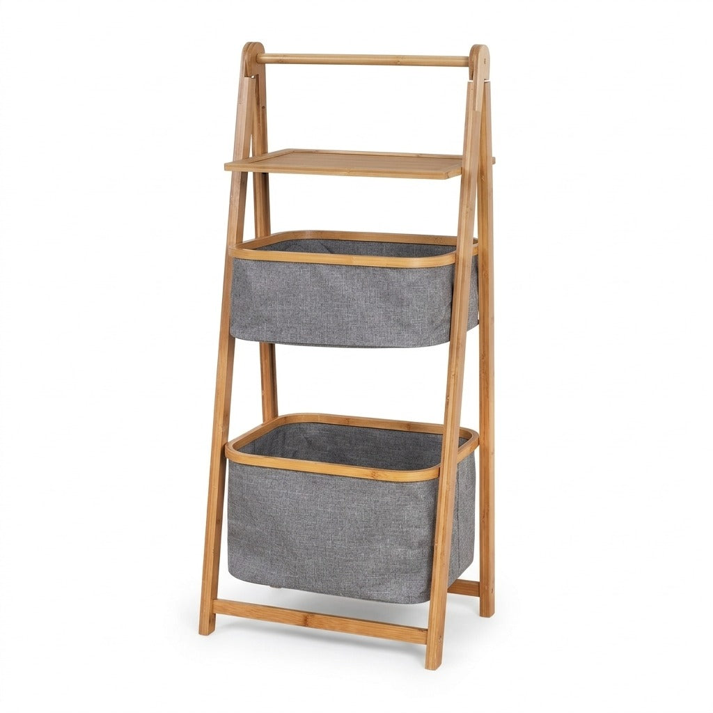 Natural Bamboo 2-Tier Laundry Basket Rack with Storage Shelf