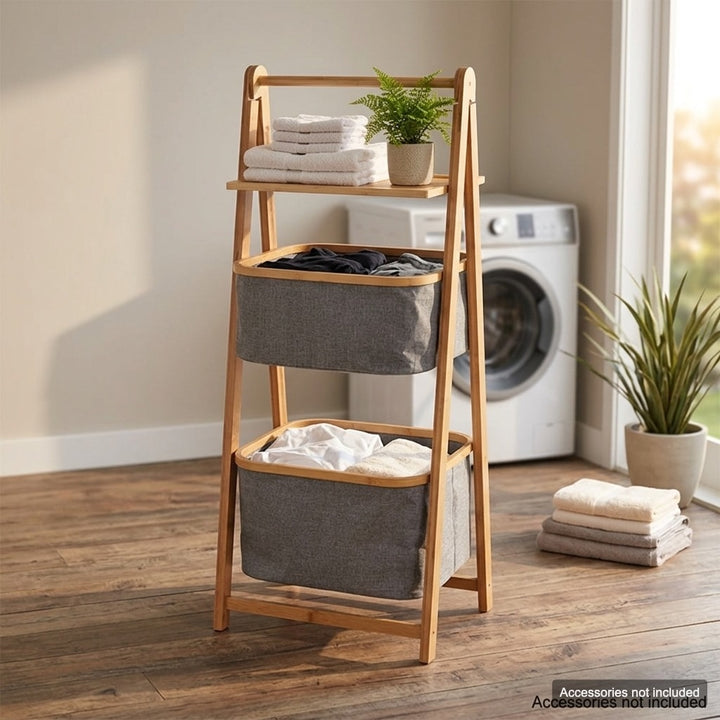 Natural Bamboo 2-Tier Laundry Basket Rack with Storage Shelf