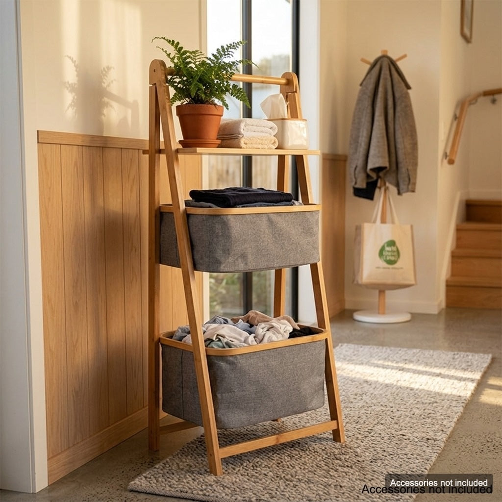 Natural Bamboo 2-Tier Laundry Basket Rack with Storage Shelf