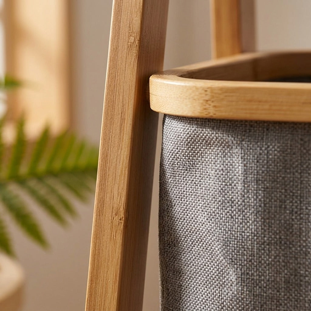 Natural Bamboo 2-Tier Laundry Basket Rack with Storage Shelf