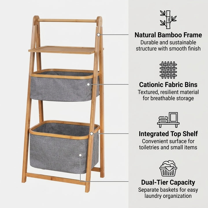Natural Bamboo 2-Tier Laundry Basket Rack with Storage Shelf