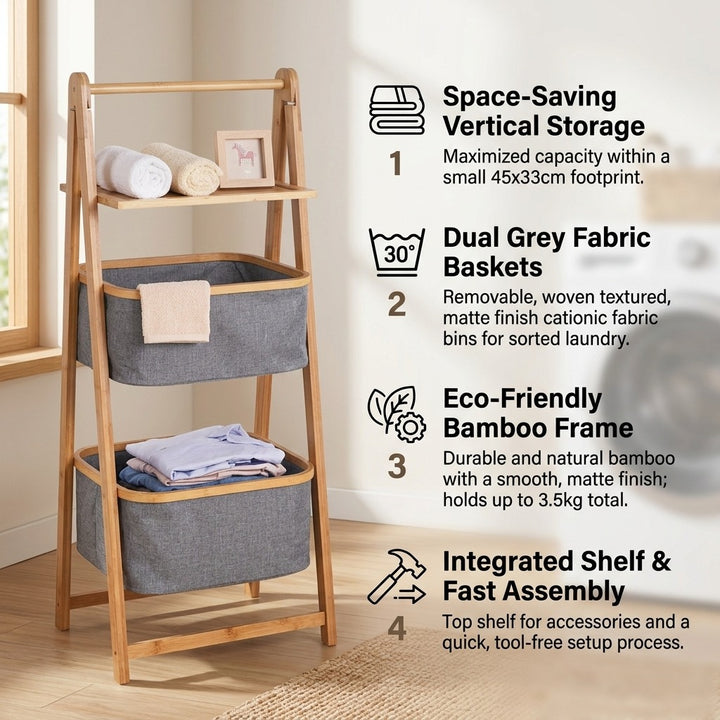 Natural Bamboo 2-Tier Laundry Basket Rack with Storage Shelf