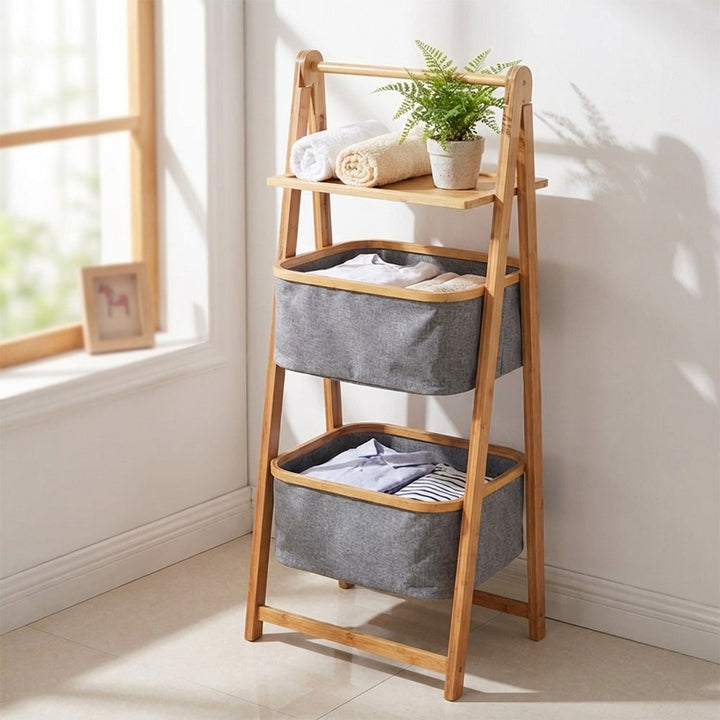 Natural Bamboo 2-Tier Laundry Basket Rack with Storage Shelf