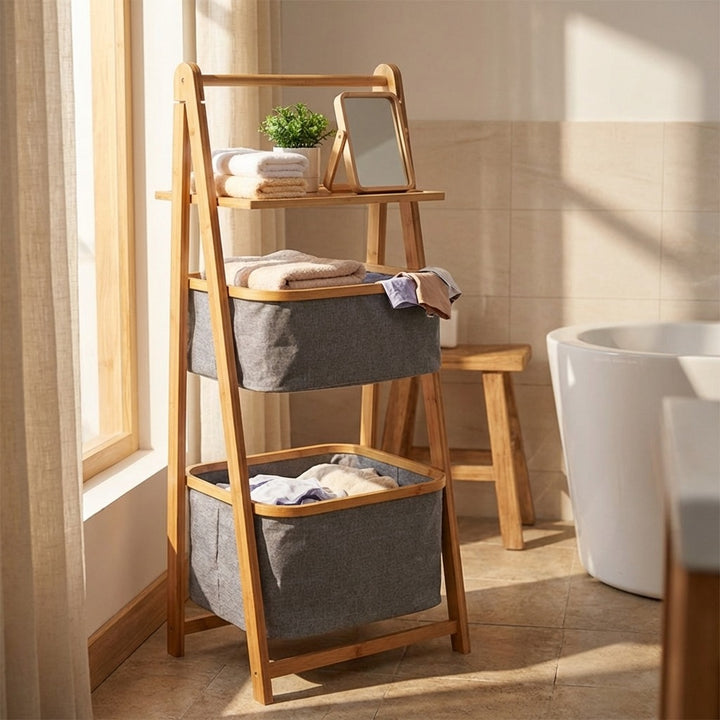 Natural Bamboo 2-Tier Laundry Basket Rack with Storage Shelf