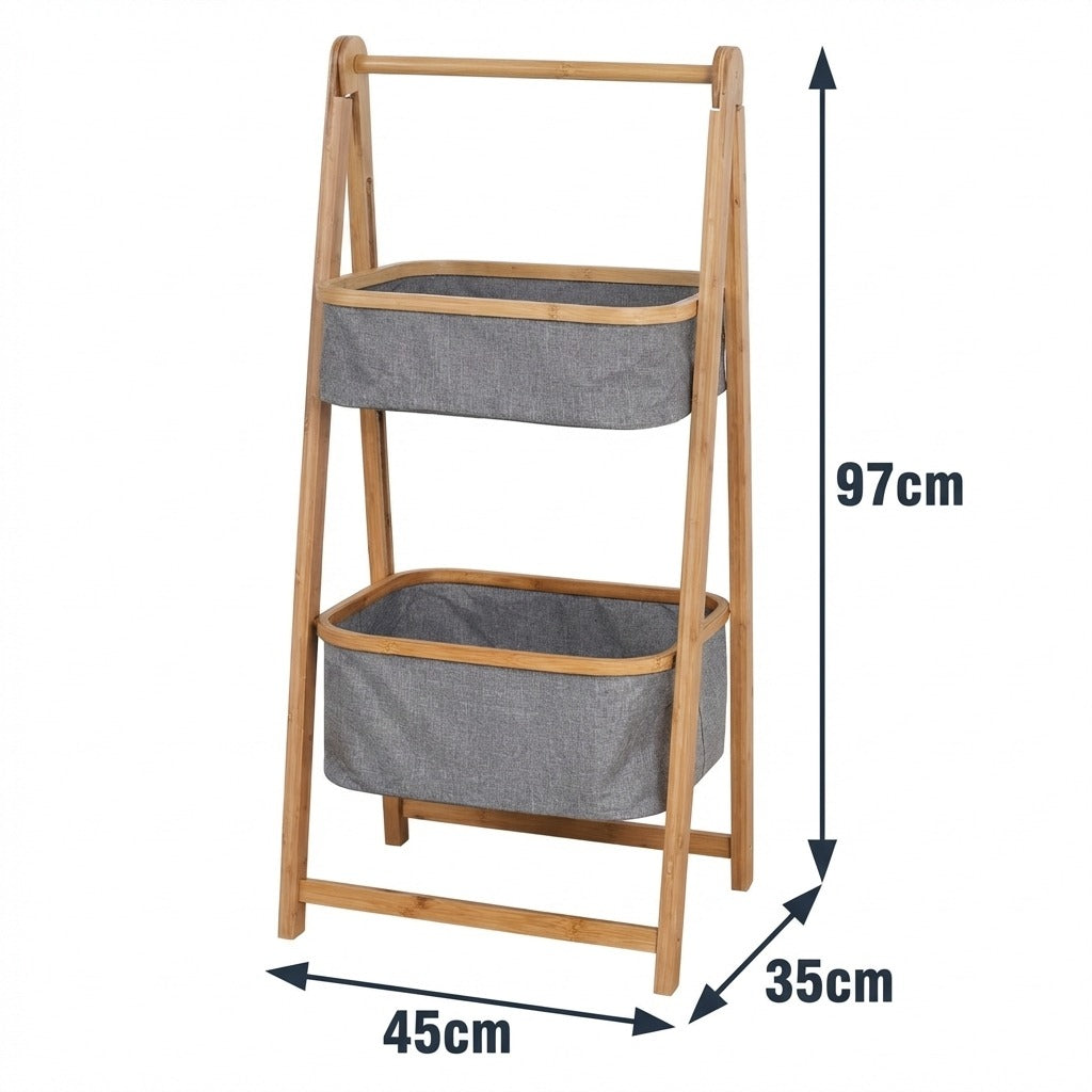 Natural Bamboo 2-Tier Laundry Basket Rack