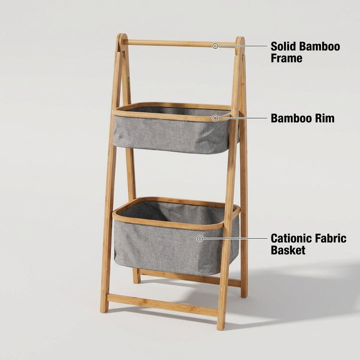 Natural Bamboo 2-Tier Laundry Basket Rack