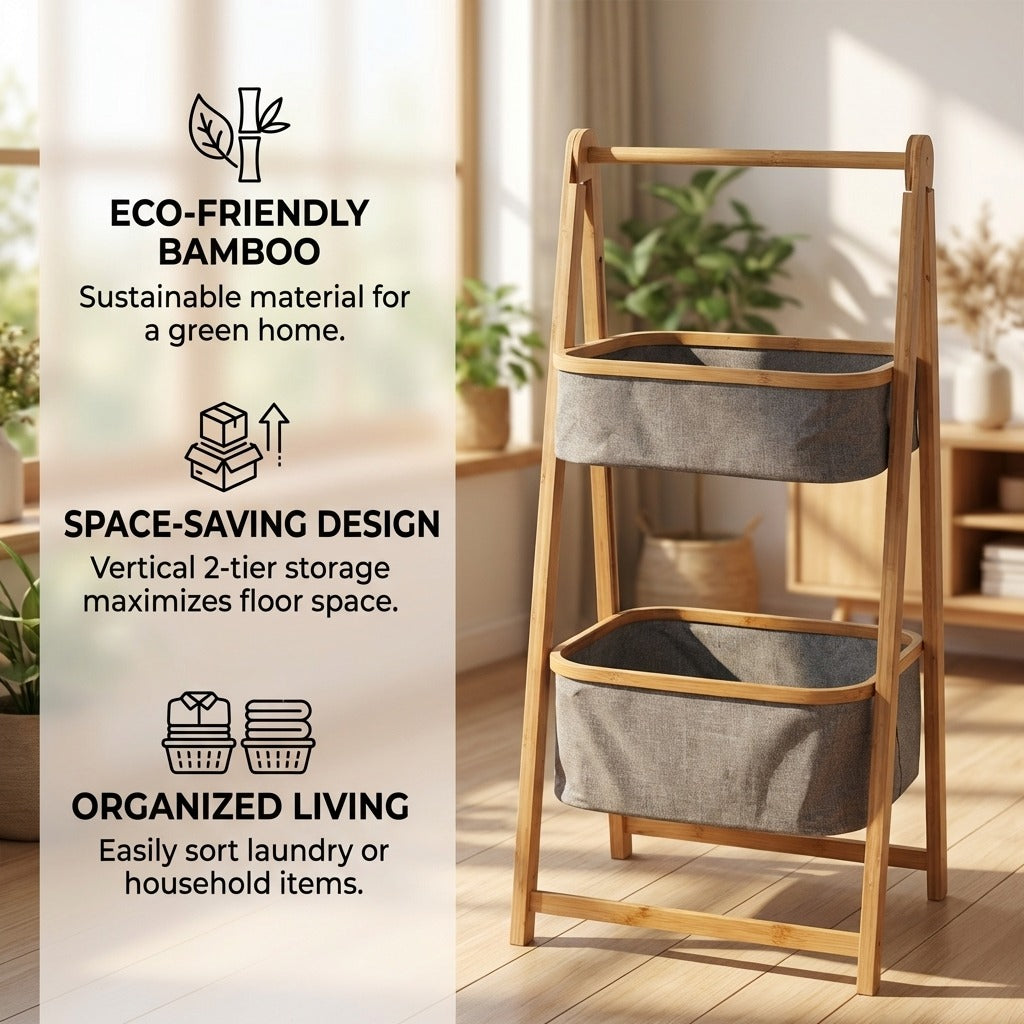 Natural Bamboo 2-Tier Laundry Basket Rack