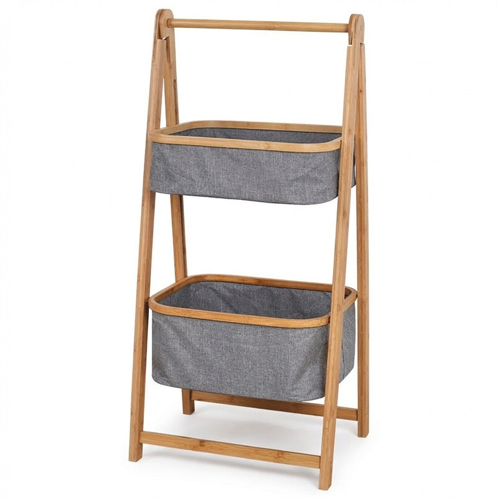 Natural Bamboo 2-Tier Laundry Basket Rack