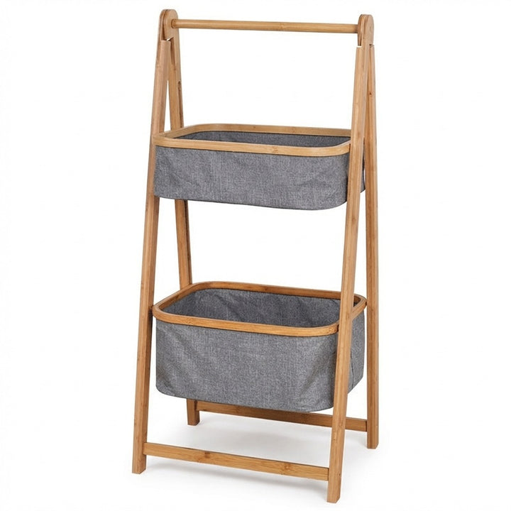 Natural Bamboo 2-Tier Laundry Basket Rack