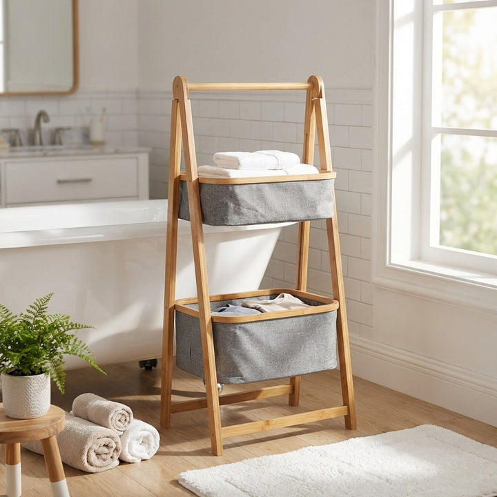 Natural Bamboo 2-Tier Laundry Basket Rack
