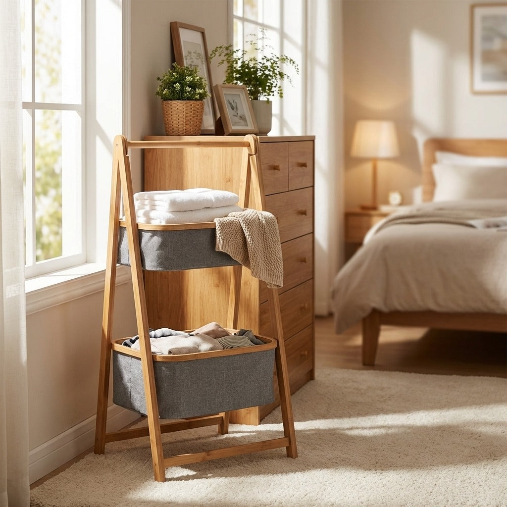 Natural Bamboo 2-Tier Laundry Basket Rack