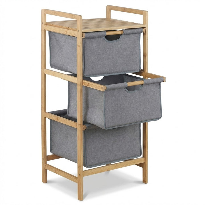 Natural Bamboo 3-Tier Storage Organizer with 3 Cationic Fabric Drawers