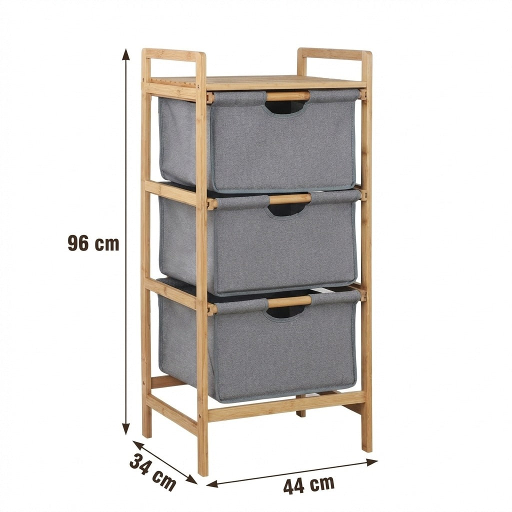 Natural Bamboo 3-Tier Storage Organizer with 3 Cationic Fabric Drawers
