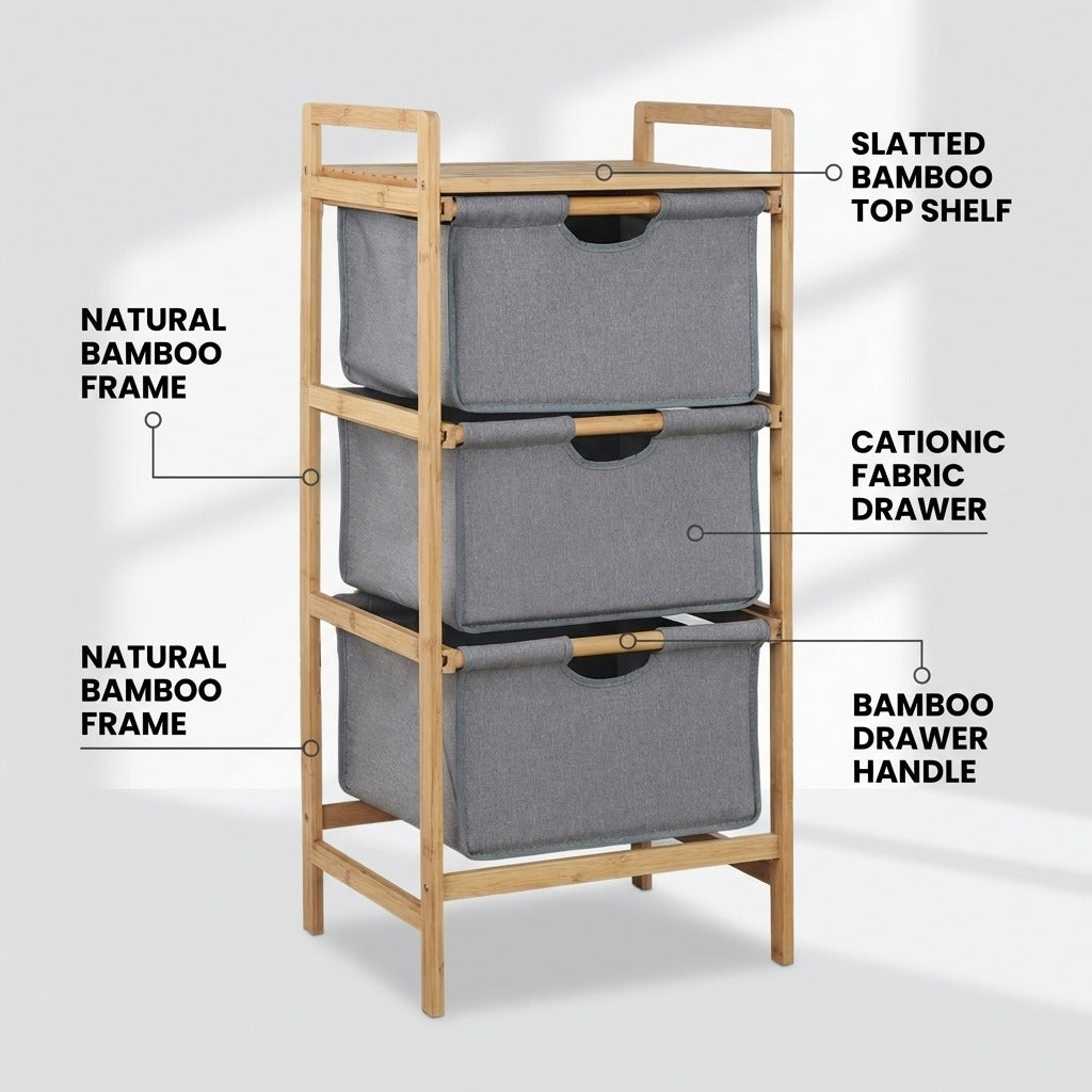 Natural Bamboo 3-Tier Storage Organizer with 3 Cationic Fabric Drawers