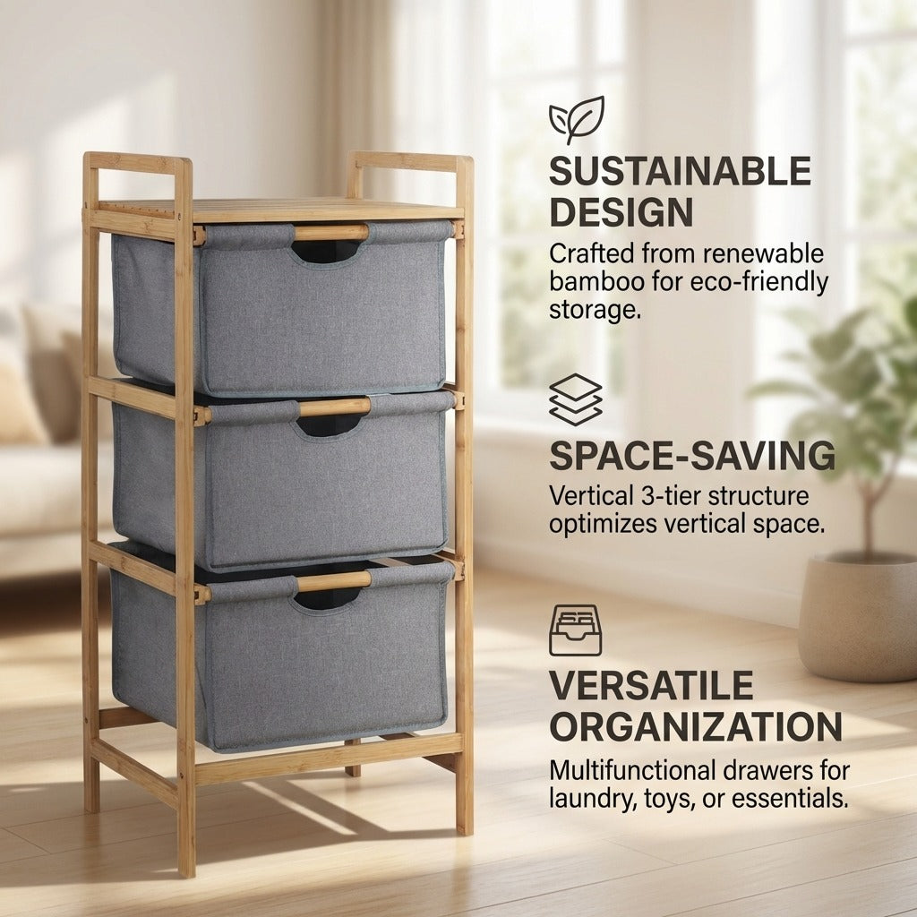 Natural Bamboo 3-Tier Storage Organizer with 3 Cationic Fabric Drawers