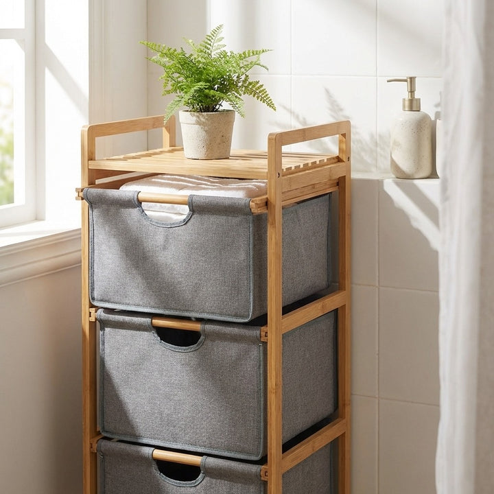 Natural Bamboo 3-Tier Storage Organizer with 3 Cationic Fabric Drawers