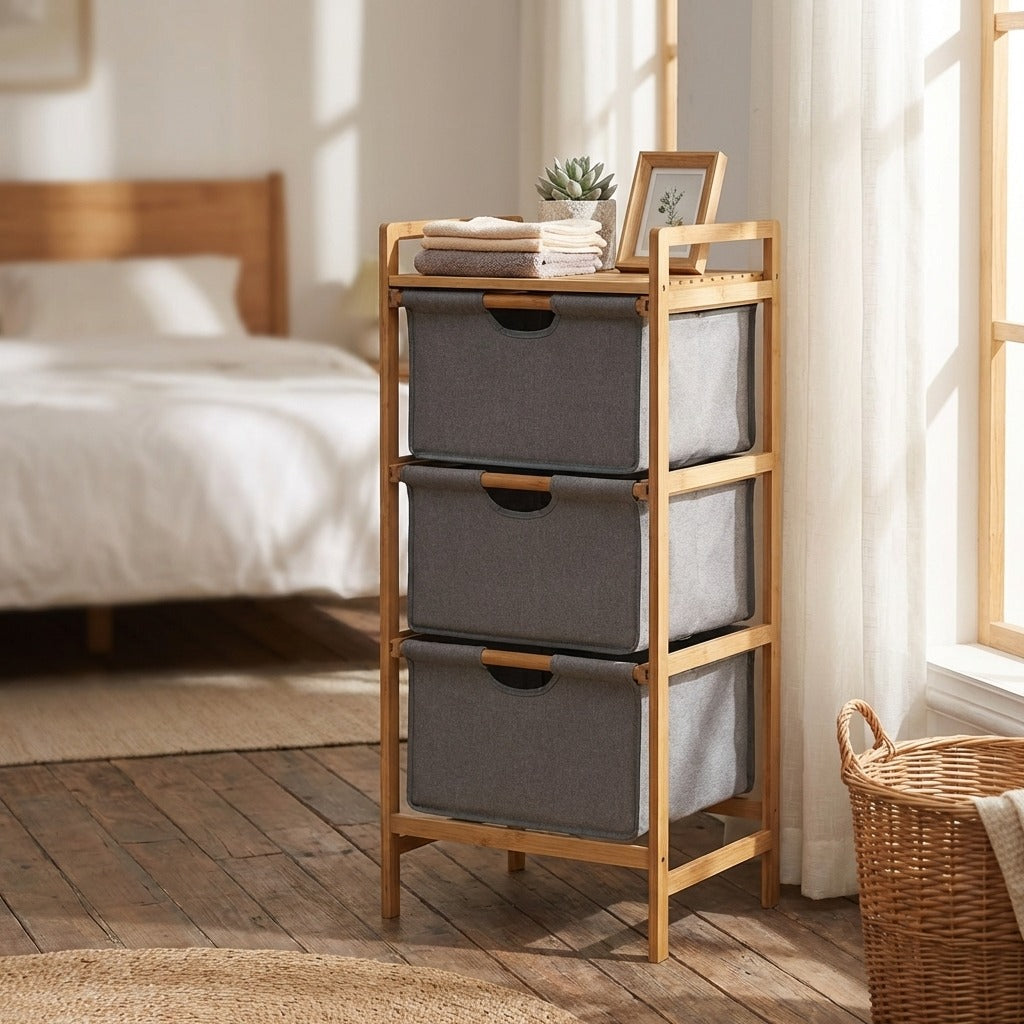 Natural Bamboo 3-Tier Storage Organizer with 3 Cationic Fabric Drawers
