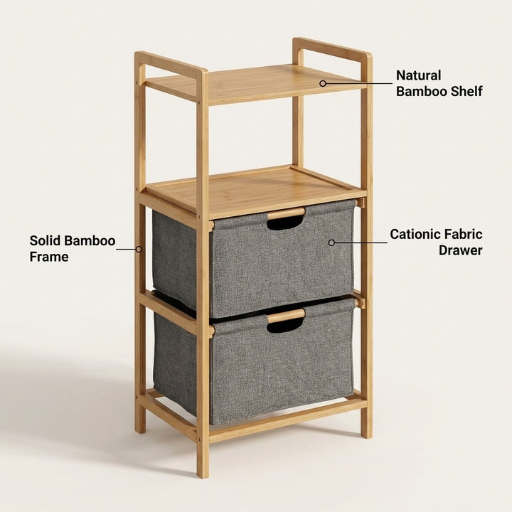 Natural Bamboo 2-Tier Multifunctional Storage Rack with Dual Cationic Fabric Drawers