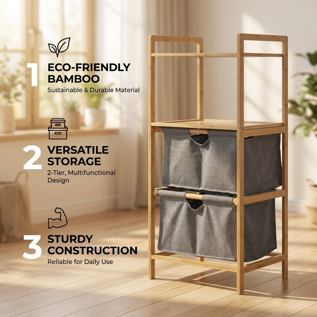 Natural Bamboo 2-Tier Multifunctional Storage Rack with Dual Cationic Fabric Drawers
