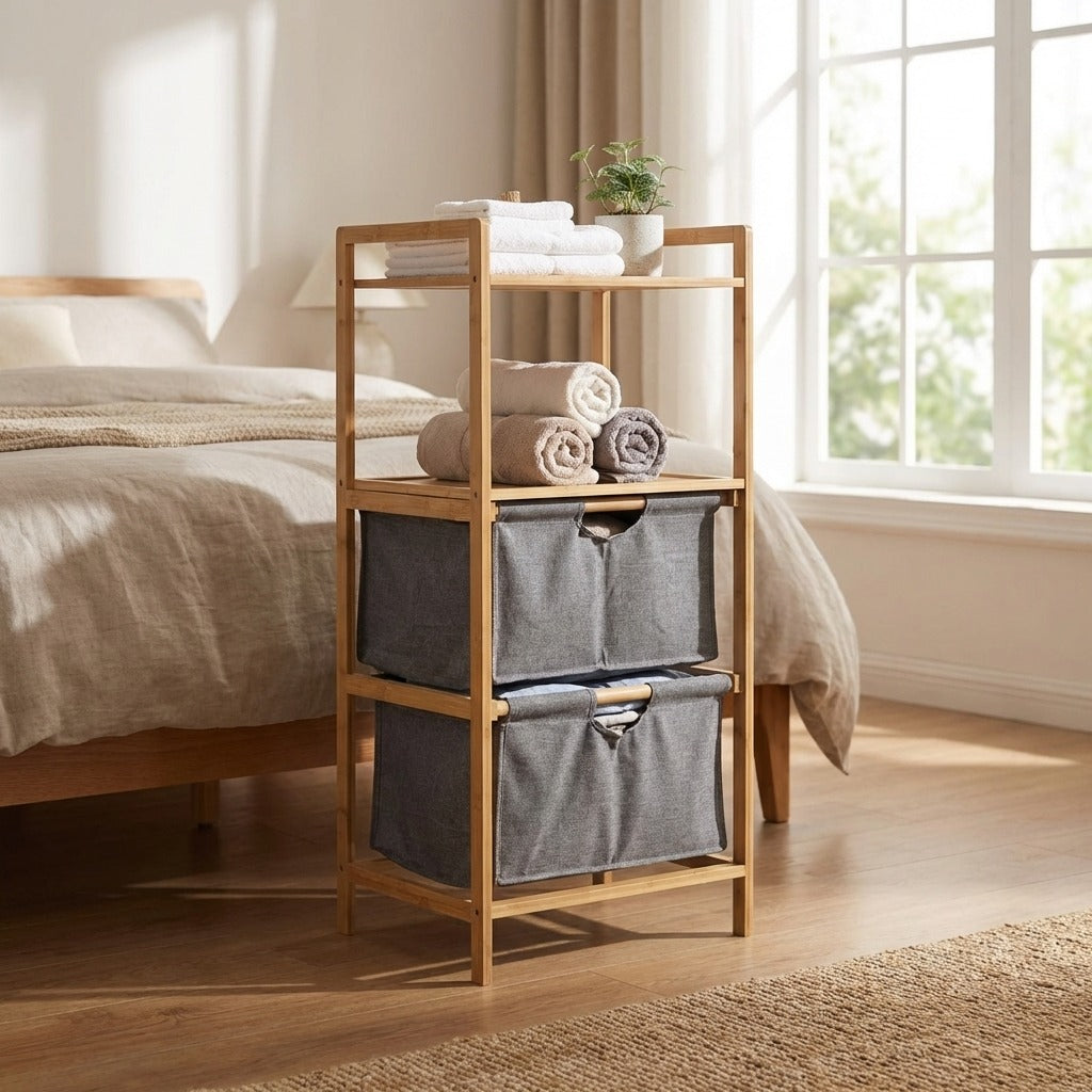 Natural Bamboo 2-Tier Multifunctional Storage Rack with Dual Cationic Fabric Drawers