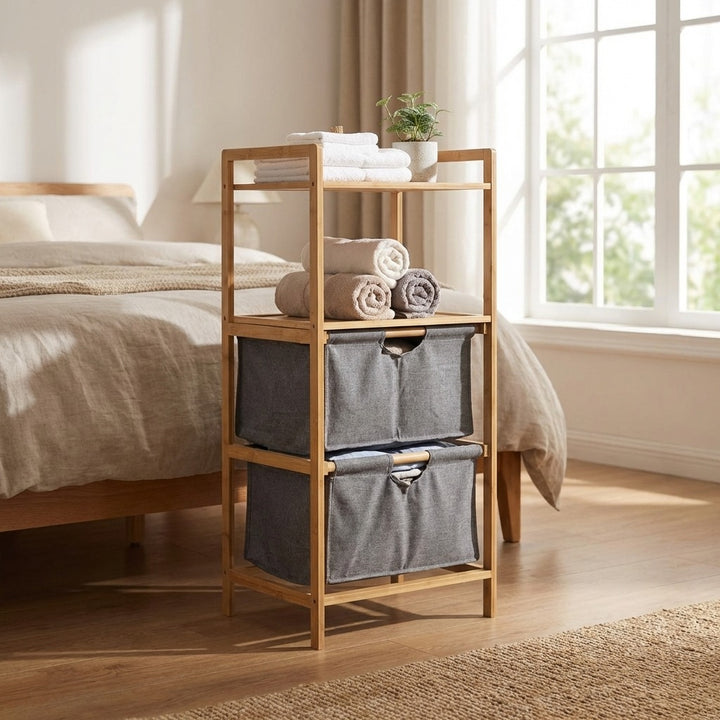 Natural Bamboo 2-Tier Multifunctional Storage Rack with Dual Cationic Fabric Drawers