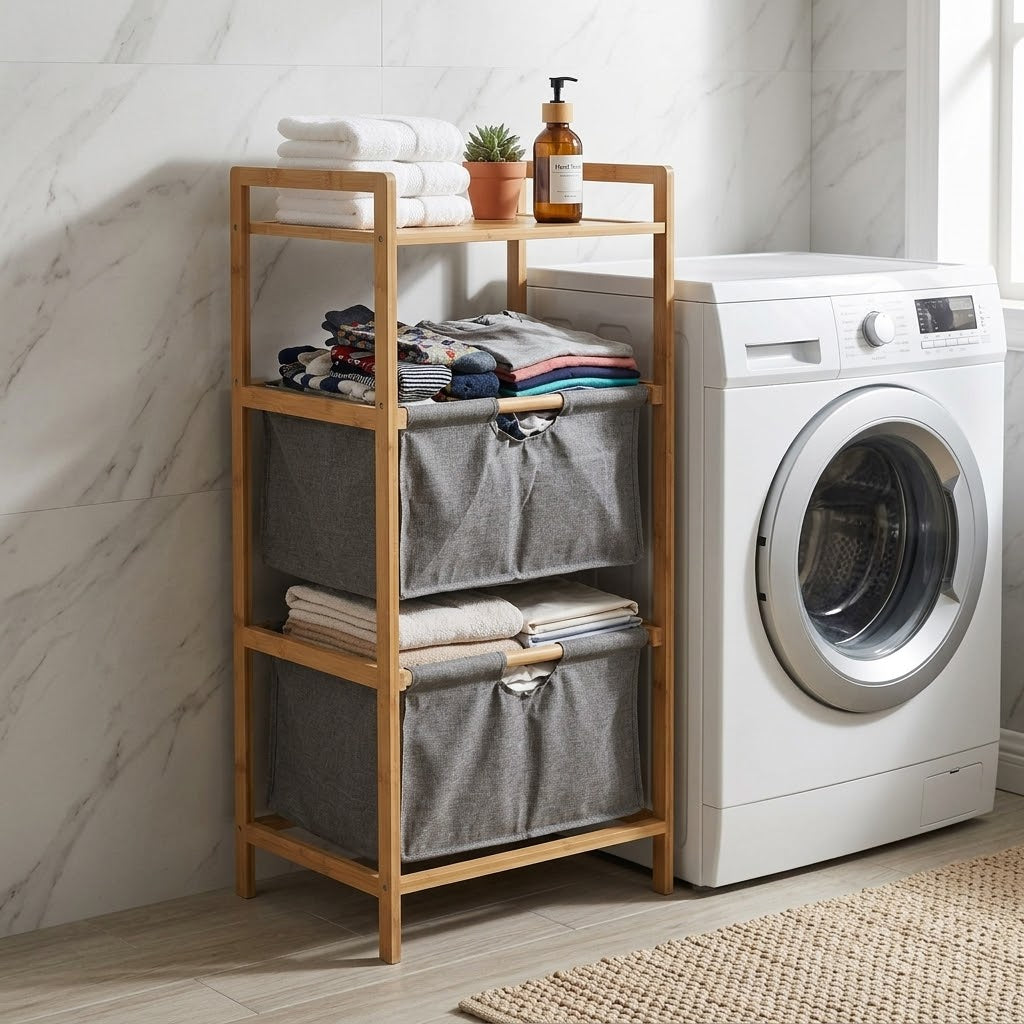 Natural Bamboo 2-Tier Multifunctional Storage Rack with Dual Cationic Fabric Drawers