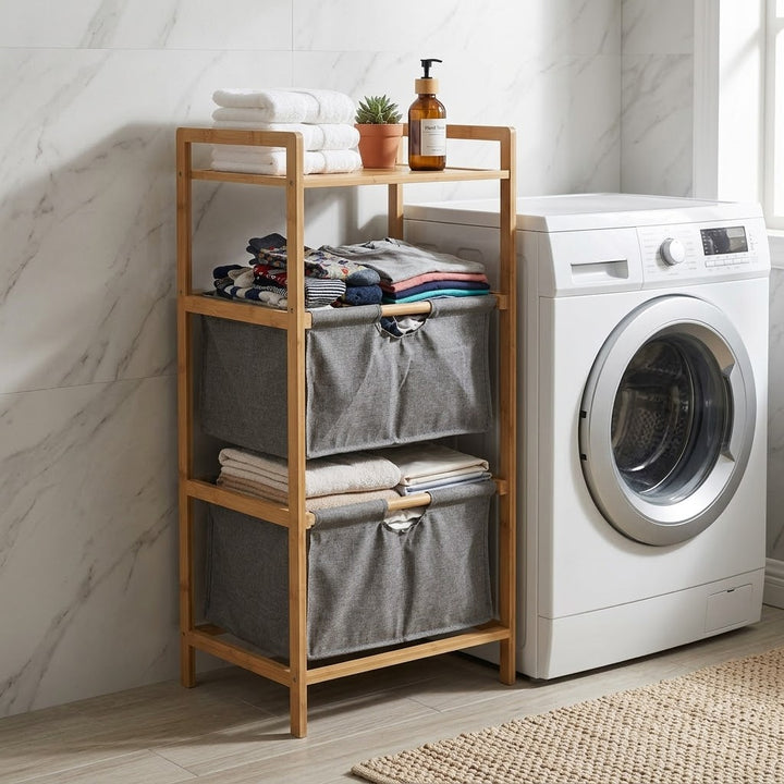 Natural Bamboo 2-Tier Multifunctional Storage Rack with Dual Cationic Fabric Drawers