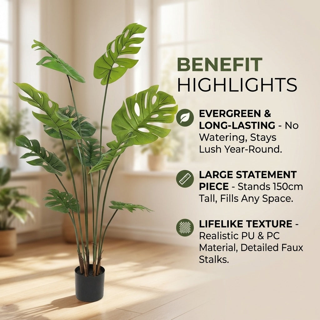150cm Artificial Monstera Deliciosa Palm Tree - Realistic 8-Leaf Faux Plant