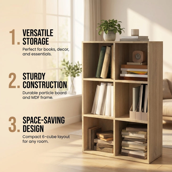 6-Cube Wood-Effect Storage Bookcase Organizer - Natural Finish