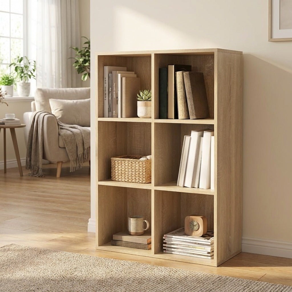 6-Cube Wood-Effect Storage Bookcase Organizer - Natural Finish