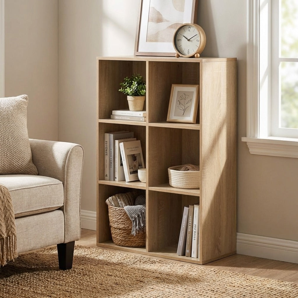 6-Cube Wood-Effect Storage Bookcase Organizer - Natural Finish
