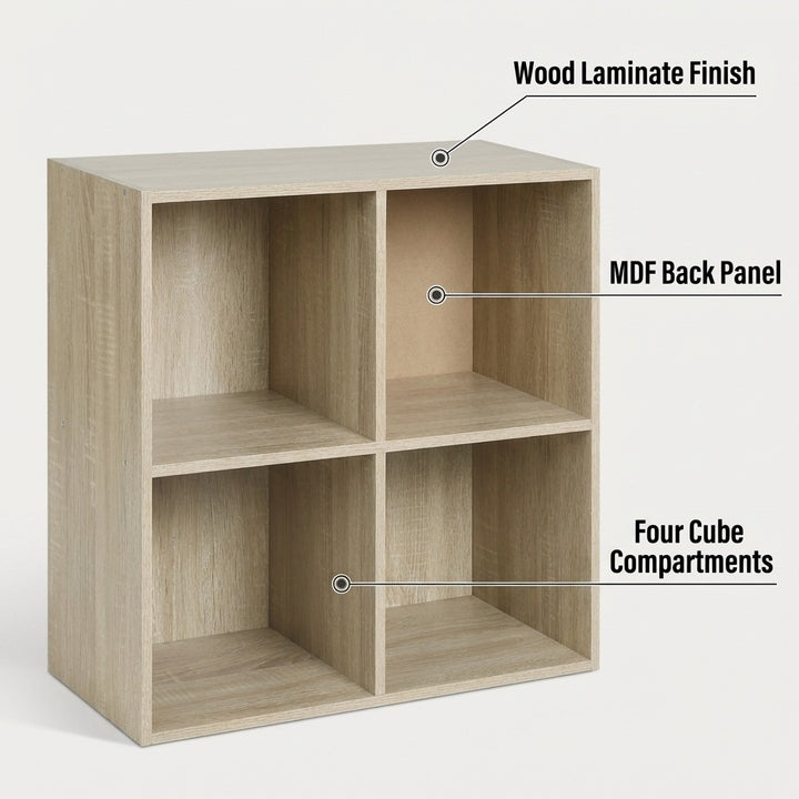 4-Cube Storage Bookcase Organizer - Wood-Grain Open Shelving Unit