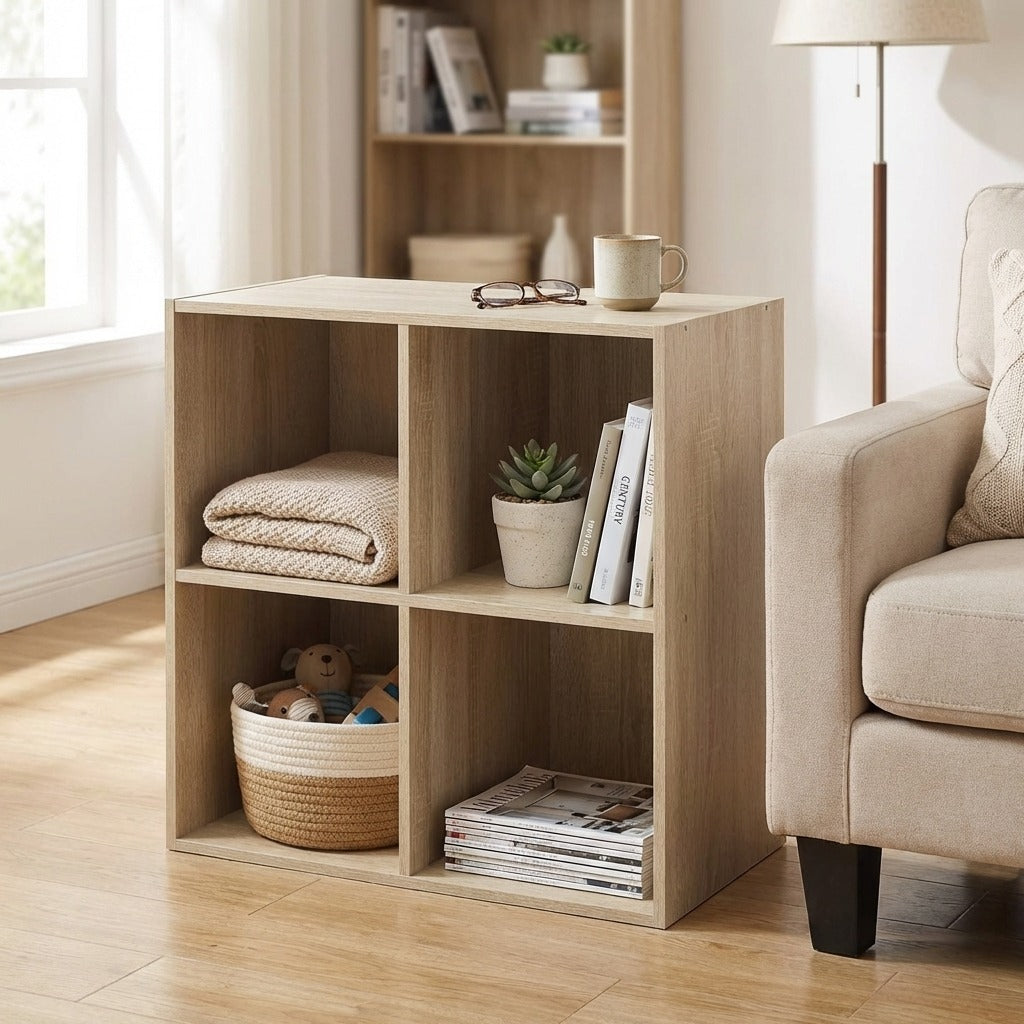 4-Cube Storage Bookcase Organizer - Wood-Grain Open Shelving Unit