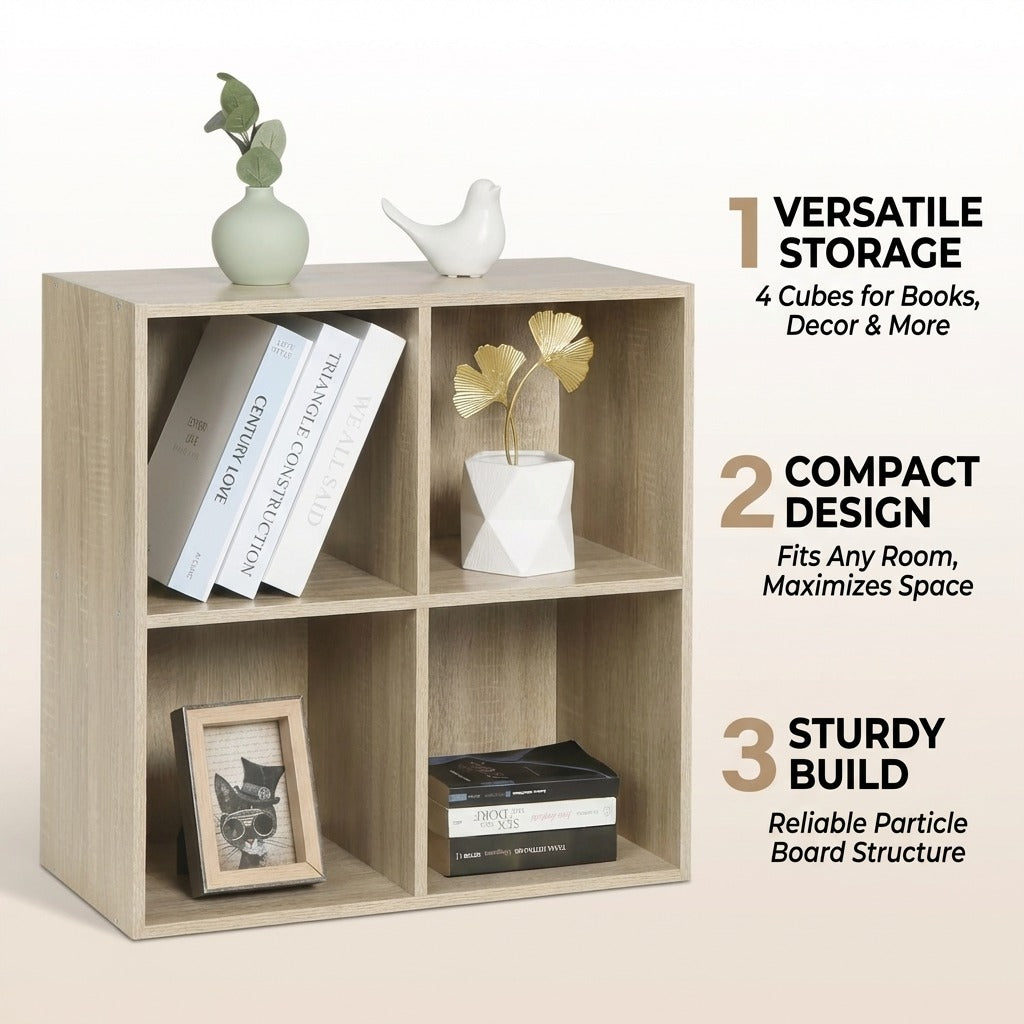 4-Cube Storage Bookcase Organizer - Wood-Grain Open Shelving Unit